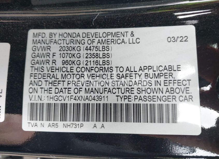 Photo 9 of 2022 Honda Accord SPORT SPECIAL EDITION (VIN 1HGCV1F4XNA043911)