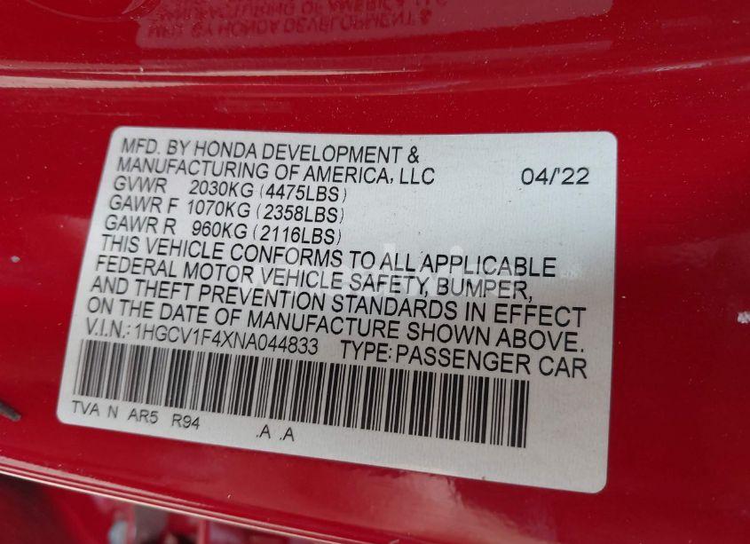 Photo 9 of 2022 Honda Accord SPORT SPECIAL EDITION (VIN 1HGCV1F4XNA044833)