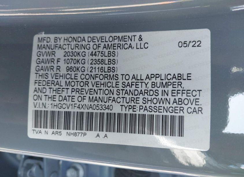 Photo 9 of 2022 Honda Accord SPORT SPECIAL EDITION (VIN 1HGCV1F4XNA053340)