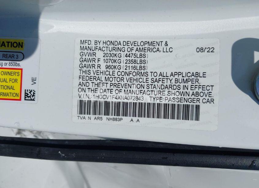 Photo 9 of 2022 Honda Accord SPORT SPECIAL EDITION (VIN 1HGCV1F4XNA072843)