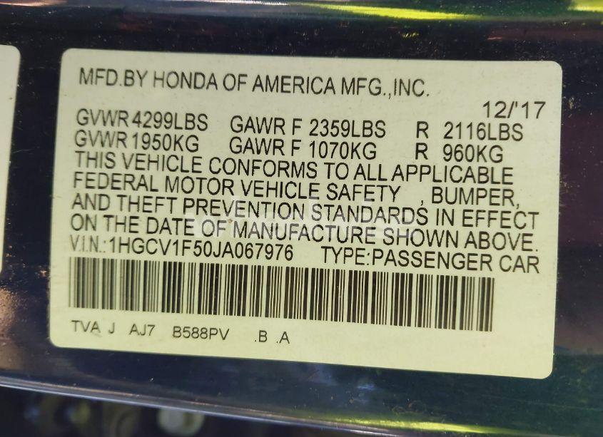 Photo 9 of 2018 Honda Accord EX-L (VIN 1HGCV1F50JA067976)