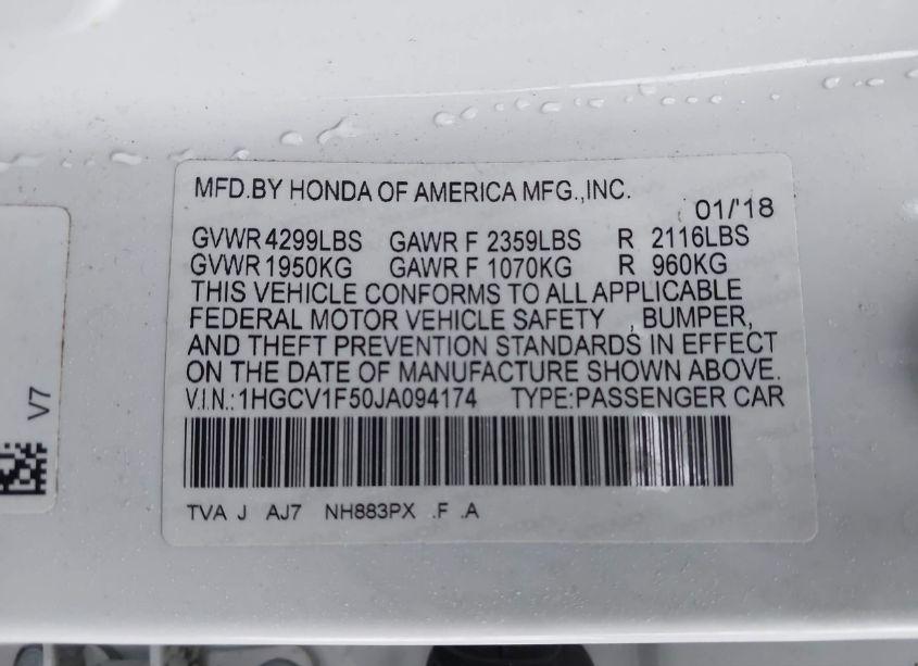 Photo 9 of 2018 Honda Accord EX-L (VIN 1HGCV1F50JA094174)