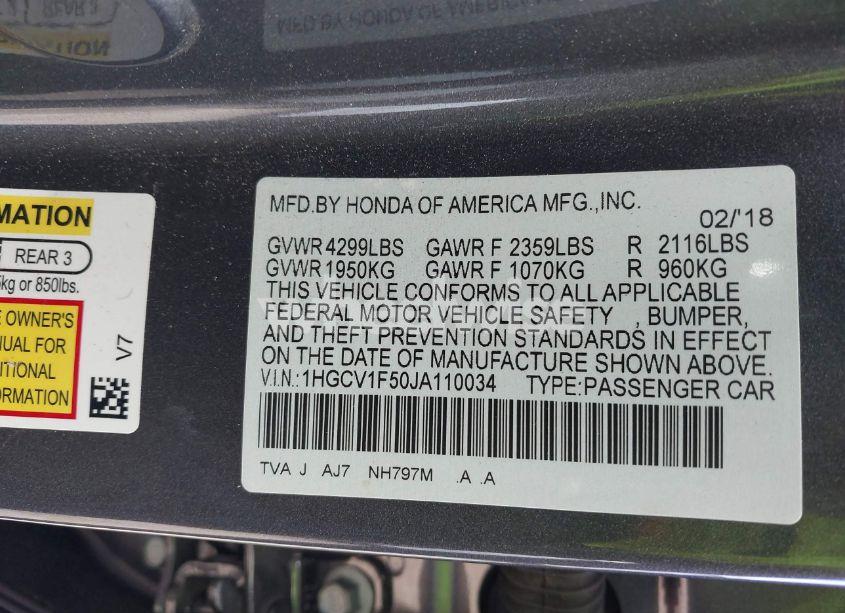 Photo 9 of 2018 Honda Accord EX-L (VIN 1HGCV1F50JA110034)