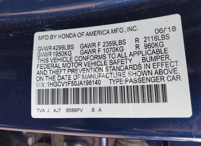 Photo 9 of 2018 Honda Accord EX-L (VIN 1HGCV1F50JA196140)