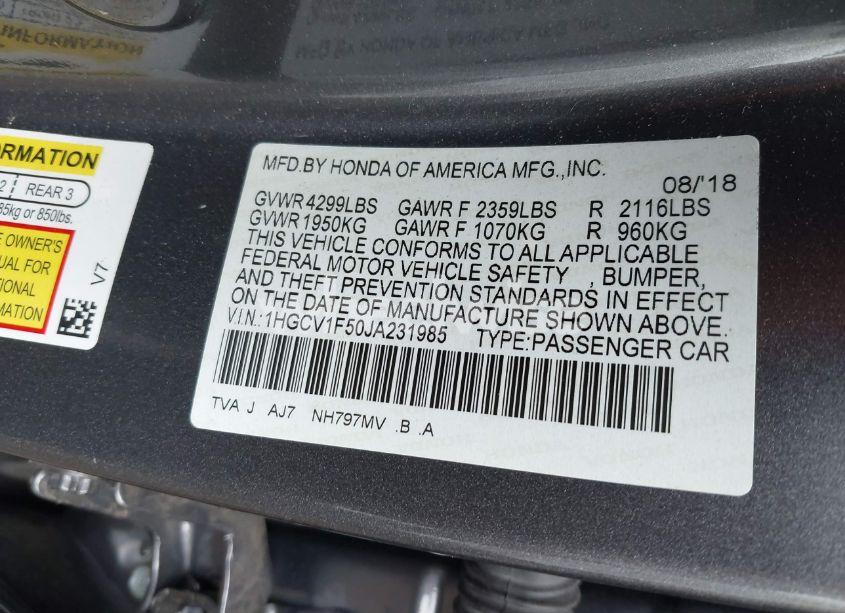 Photo 9 of 2018 Honda Accord EX-L (VIN 1HGCV1F50JA231985)