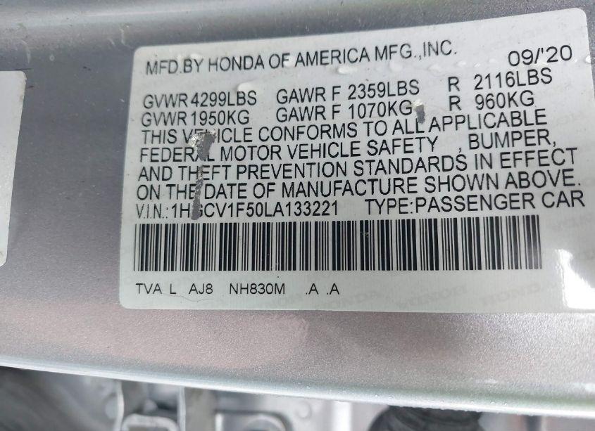 Photo 9 of 2020 Honda Accord EX-L (VIN 1HGCV1F50LA133221)