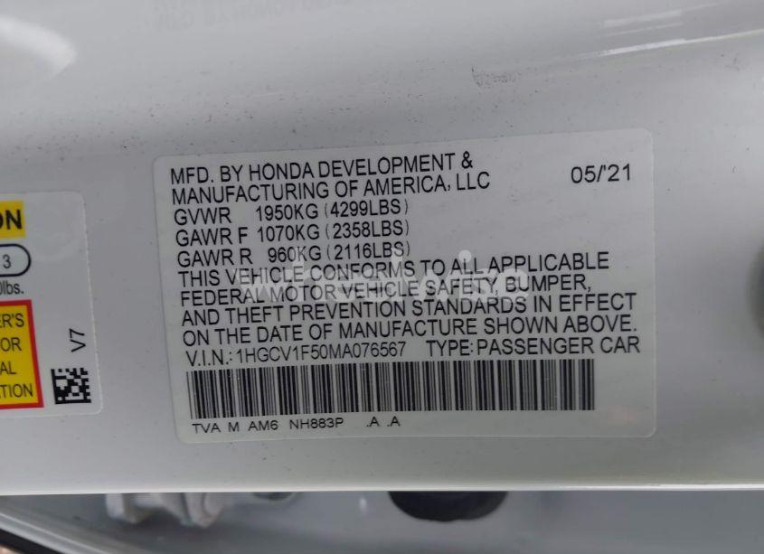 Photo 9 of 2021 Honda Accord EX-L (VIN 1HGCV1F50MA076567)