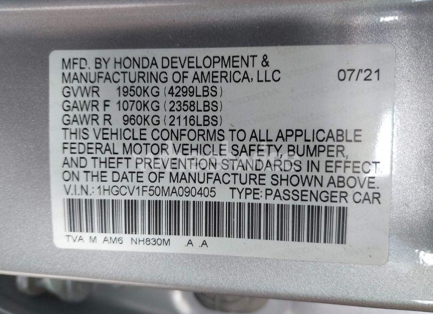 Photo 9 of 2021 Honda Accord EX-L (VIN 1HGCV1F50MA090405)