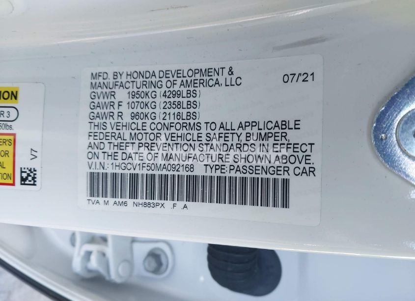Photo 9 of 2021 Honda Accord EX-L (VIN 1HGCV1F50MA092168)