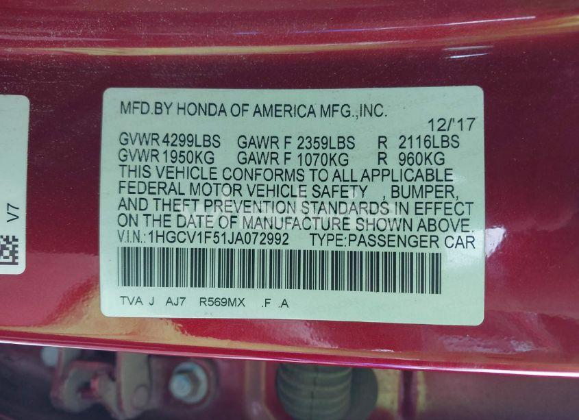 Photo 9 of 2018 Honda Accord EX-L (VIN 1HGCV1F51JA072992)