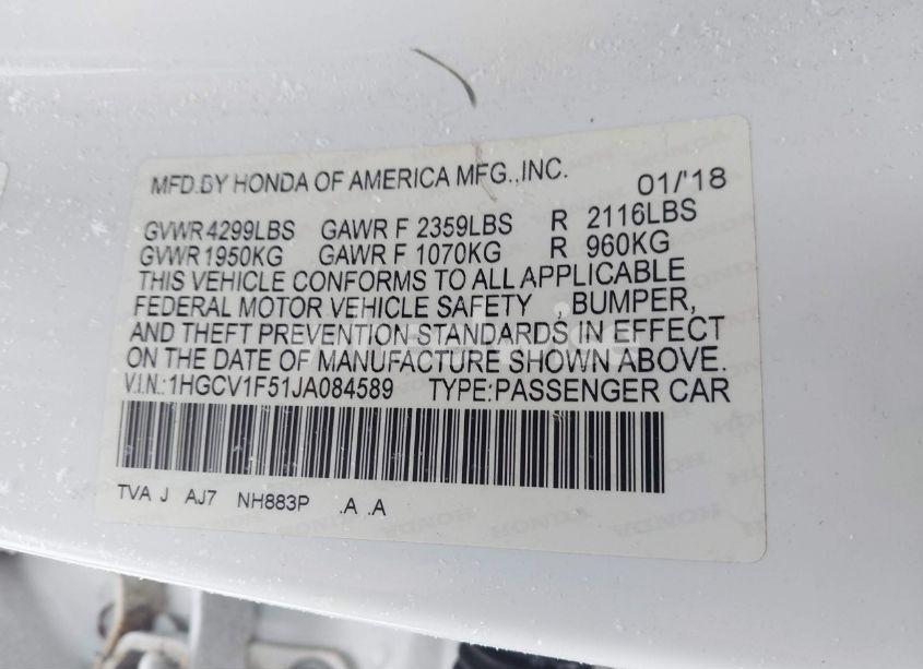 Photo 9 of 2018 Honda Accord EX-L (VIN 1HGCV1F51JA084589)