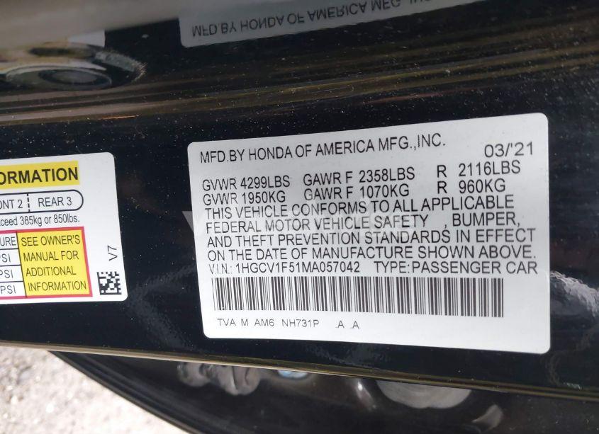 Photo 9 of 2021 Honda Accord EX-L (VIN 1HGCV1F51MA057042)