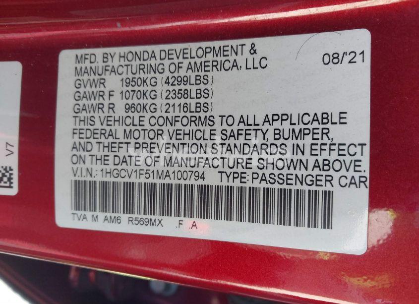 Photo 9 of 2021 Honda Accord EX-L (VIN 1HGCV1F51MA100794)