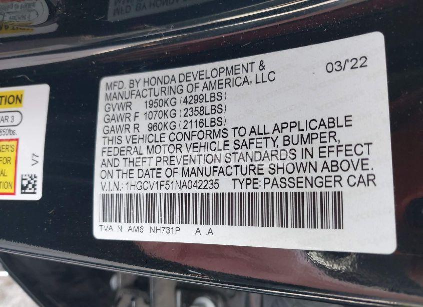 Photo 9 of 2022 Honda Accord EX-L (VIN 1HGCV1F51NA042235)