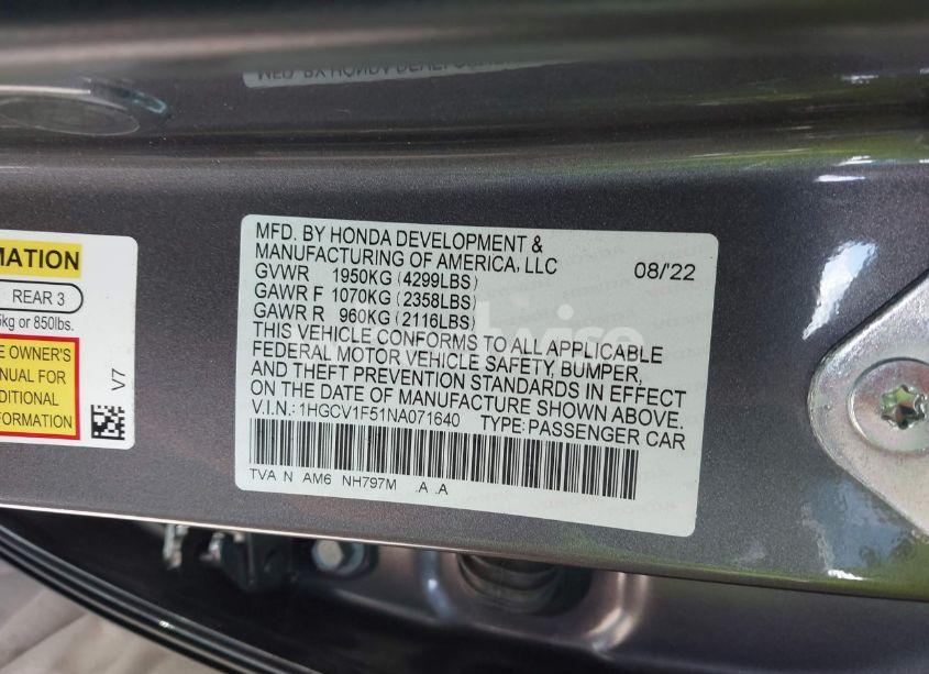 Photo 9 of 2022 Honda Accord EX-L (VIN 1HGCV1F51NA071640)