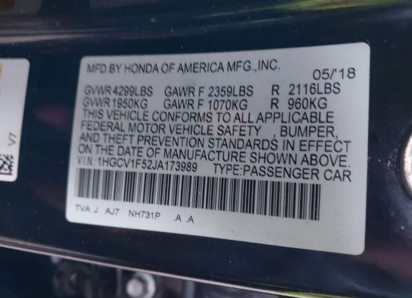 Photo 9 of 2018 Honda Accord EX-L (VIN 1HGCV1F52JA173989)