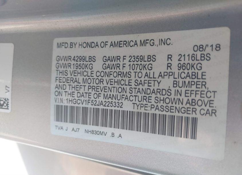 Photo 9 of 2018 Honda Accord EX-L (VIN 1HGCV1F52JA225332)