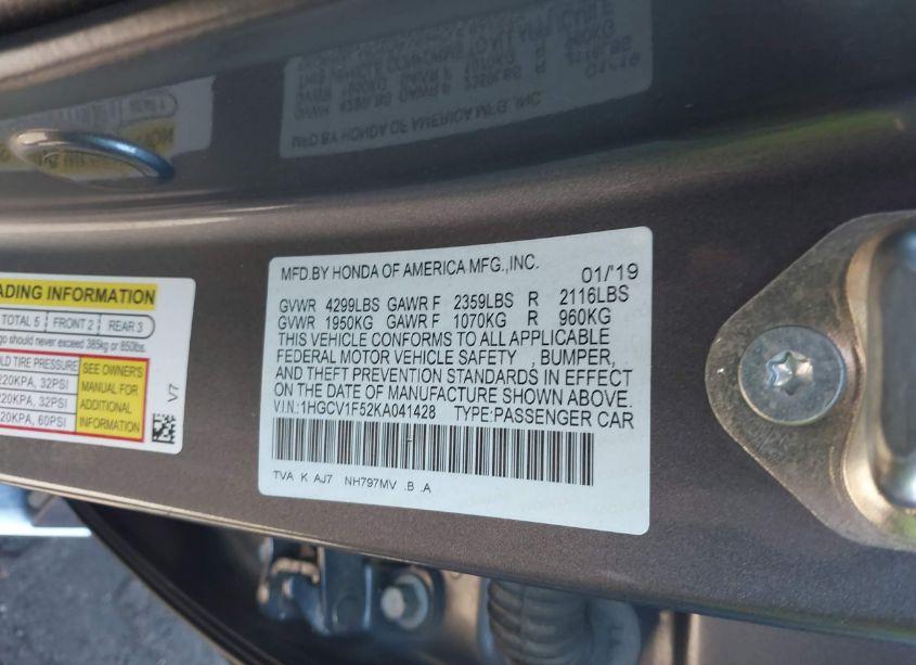 Photo 9 of 2019 Honda Accord EX-L (VIN 1HGCV1F52KA041428)