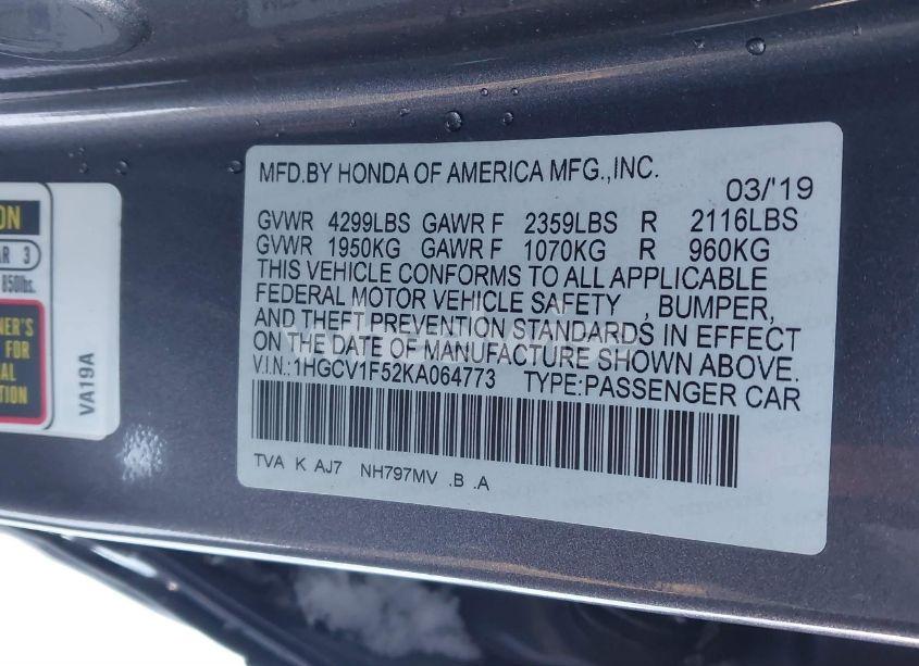 Photo 9 of 2019 Honda Accord EX-L (VIN 1HGCV1F52KA064773)