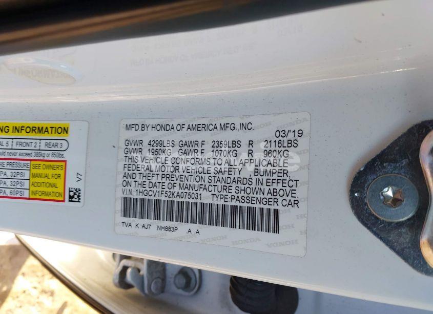 Photo 9 of 2019 Honda Accord EX-L (VIN 1HGCV1F52KA075031)