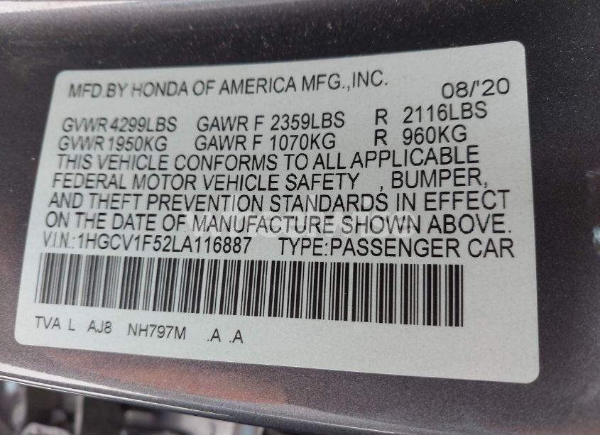 Photo 9 of 2020 Honda Accord EX-L (VIN 1HGCV1F52LA116887)