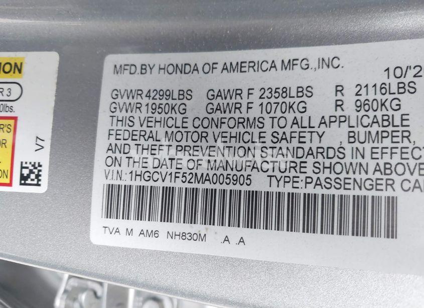Photo 9 of 2021 Honda Accord EX-L (VIN 1HGCV1F52MA005905)
