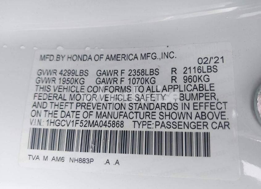 Photo 9 of 2021 Honda Accord EX-L (VIN 1HGCV1F52MA045868)