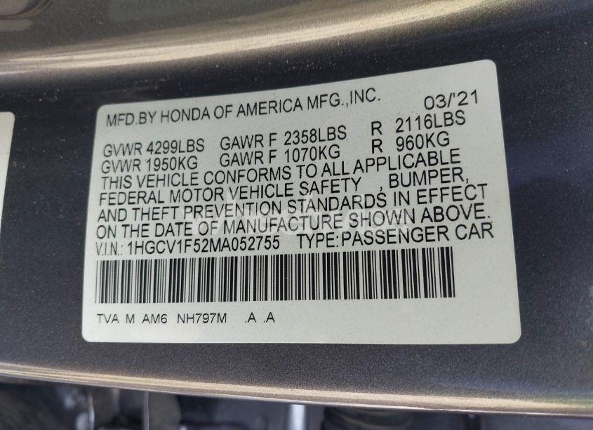 Photo 9 of 2021 Honda Accord EX-L (VIN 1HGCV1F52MA052755)