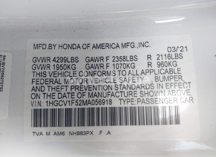 Photo 9 of 2021 Honda Accord EX-L (VIN 1HGCV1F52MA056918)