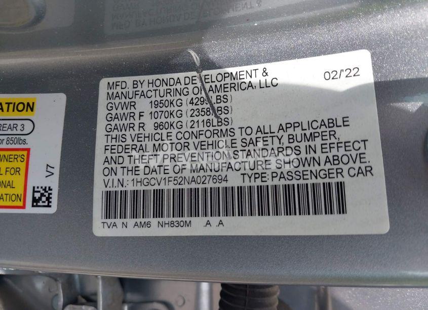 Photo 9 of 2022 Honda Accord EX-L (VIN 1HGCV1F52NA027694)