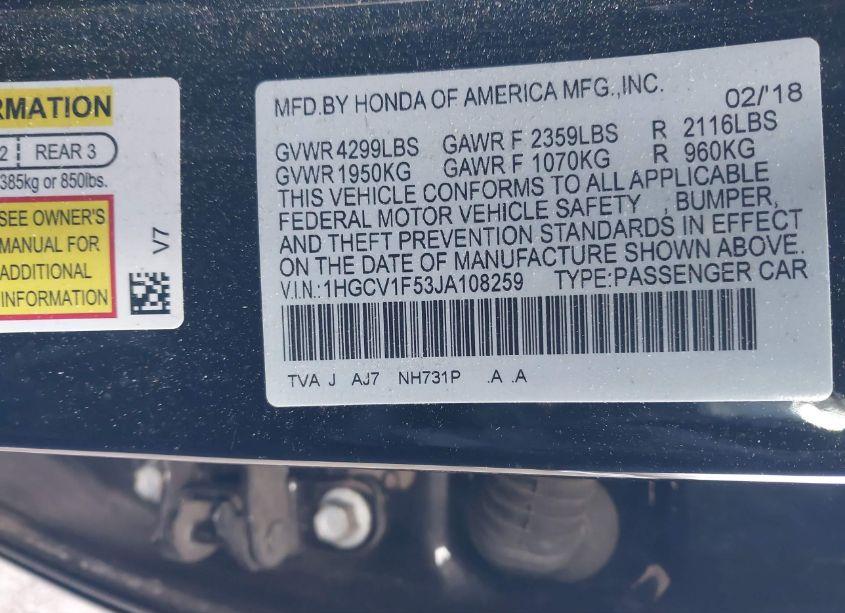 Photo 9 of 2018 Honda Accord EX-L (VIN 1HGCV1F53JA108259)
