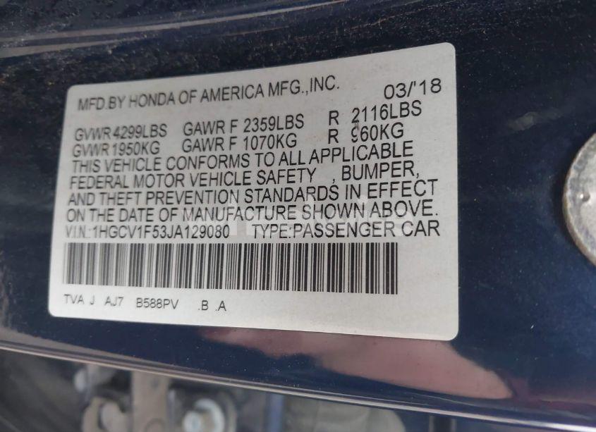 Photo 9 of 2018 Honda Accord EX-L (VIN 1HGCV1F53JA129080)