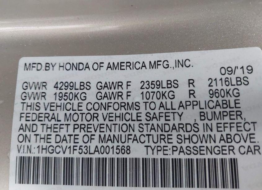 Photo 9 of 2020 Honda Accord EX-L (VIN 1HGCV1F53LA001568)