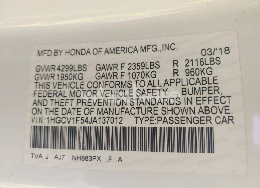 Photo 9 of 2018 Honda Accord EX-L (VIN 1HGCV1F54JA137012)