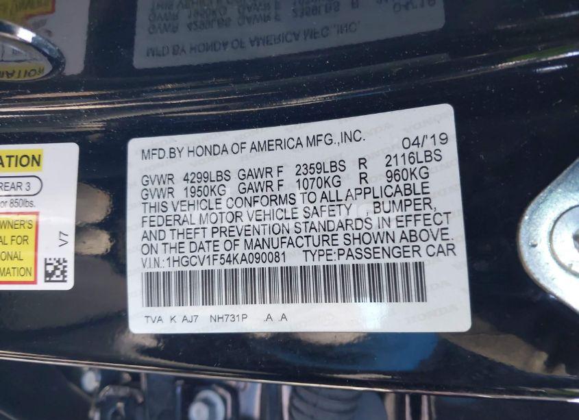 Photo 9 of 2019 Honda Accord EX-L (VIN 1HGCV1F54KA090081)