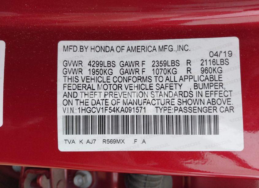 Photo 9 of 2019 Honda Accord EX-L (VIN 1HGCV1F54KA091571)