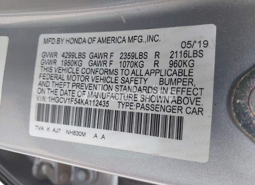 Photo 9 of 2019 Honda Accord EX-L (VIN 1HGCV1F54KA112435)