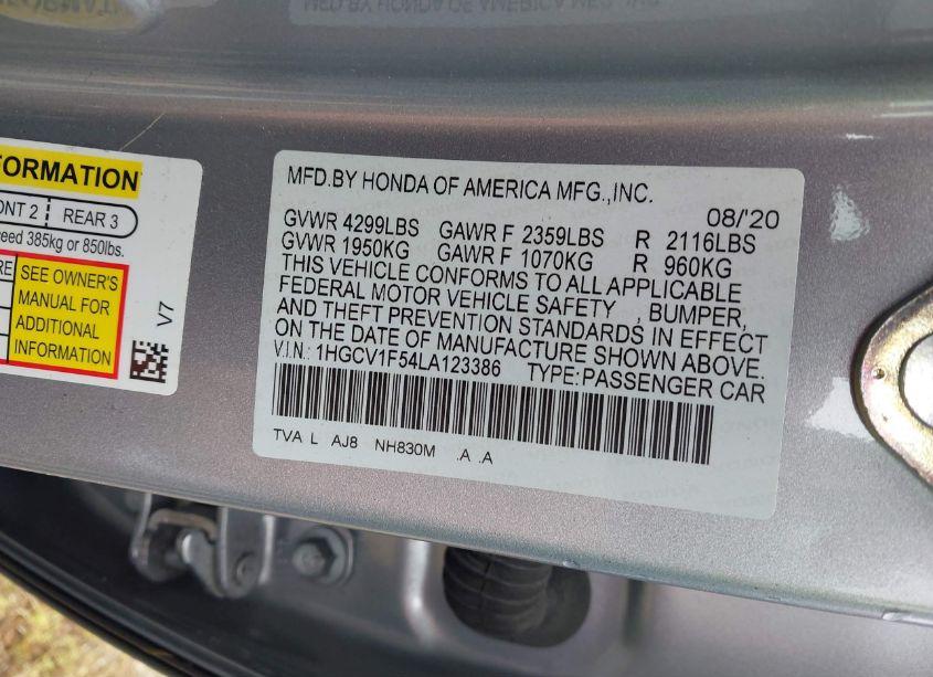 Photo 9 of 2020 Honda Accord EX-L (VIN 1HGCV1F54LA123386)