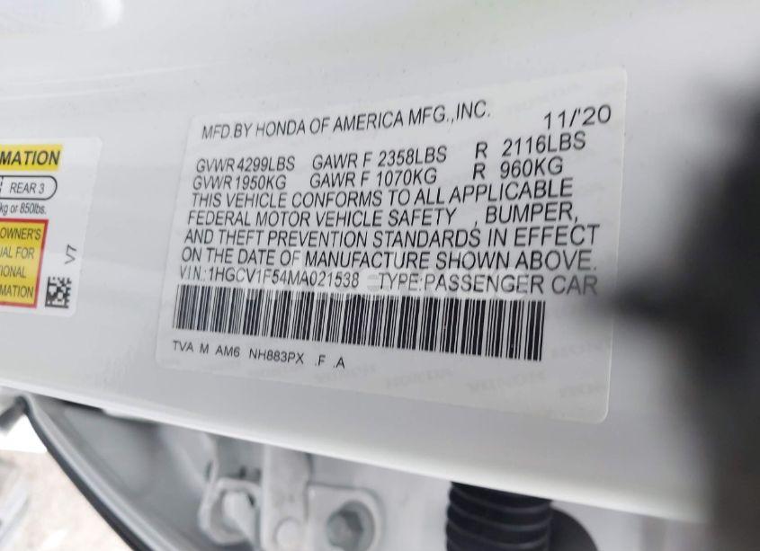 Photo 9 of 2021 Honda Accord EX-L (VIN 1HGCV1F54MA021538)