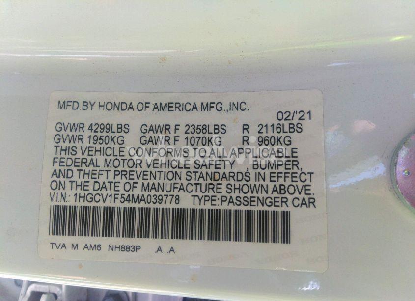 Photo 9 of 2021 Honda Accord EX-L (VIN 1HGCV1F54MA039778)