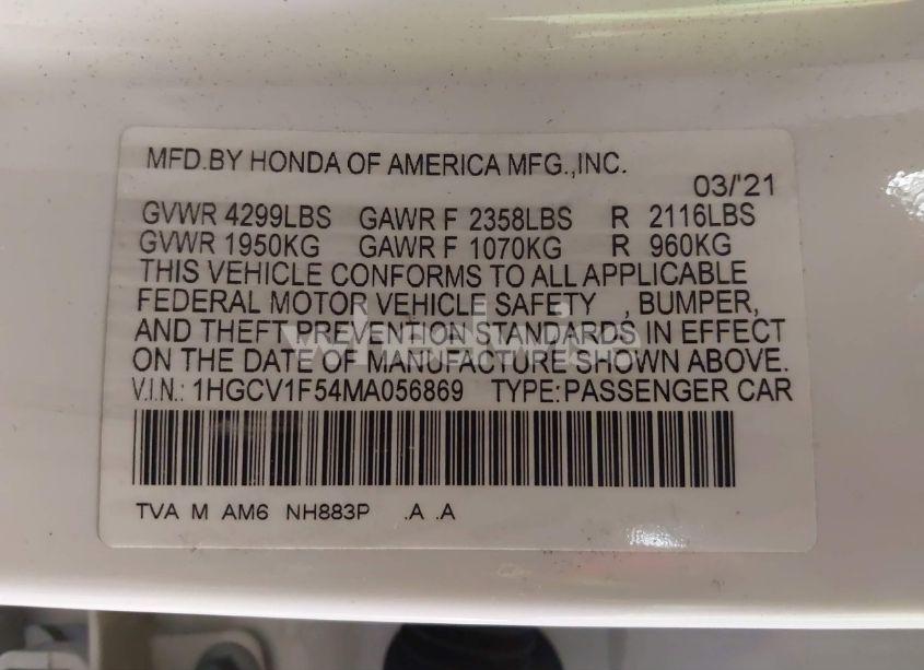 Photo 9 of 2021 Honda Accord EX-L (VIN 1HGCV1F54MA056869)