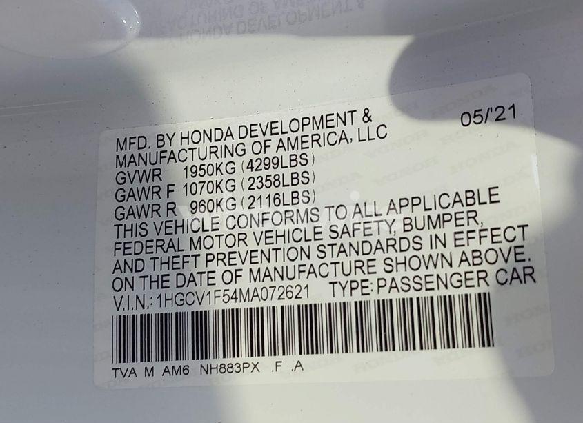 Photo 9 of 2021 Honda Accord EX-L (VIN 1HGCV1F54MA072621)