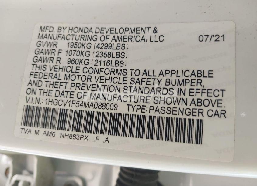 Photo 9 of 2021 Honda Accord EX-L (VIN 1HGCV1F54MA088009)