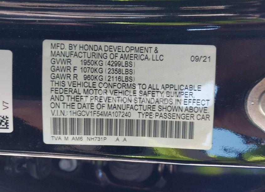Photo 9 of 2021 Honda Accord EX-L (VIN 1HGCV1F54MA107240)