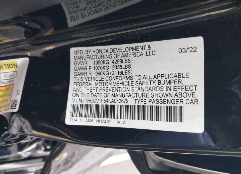 Photo 9 of 2022 Honda Accord EX-L (VIN 1HGCV1F54NA042679)