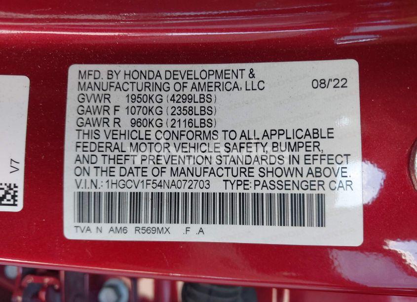 Photo 9 of 2022 Honda Accord EX-L (VIN 1HGCV1F54NA072703)