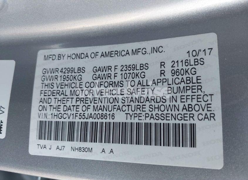 Photo 9 of 2018 Honda Accord EX-L (VIN 1HGCV1F55JA008616)