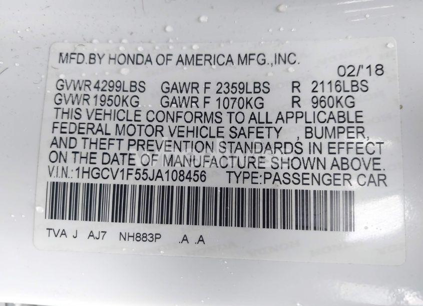 Photo 9 of 2018 Honda Accord EX-L (VIN 1HGCV1F55JA108456)