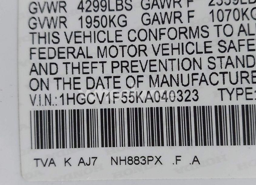 Photo 9 of 2019 Honda Accord EX-L (VIN 1HGCV1F55KA040323)