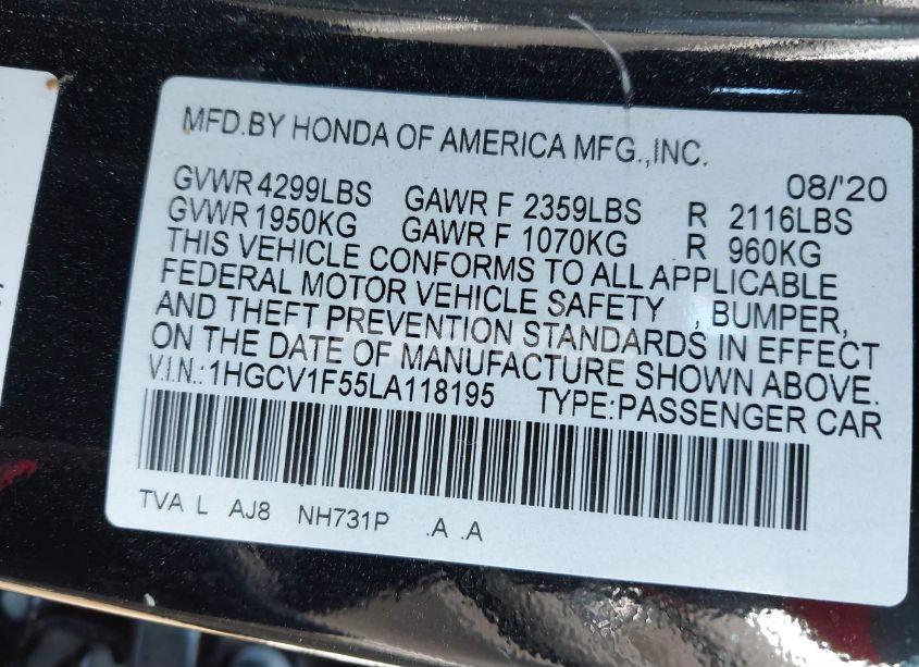 Photo 9 of 2020 Honda Accord EX-L (VIN 1HGCV1F55LA118195)